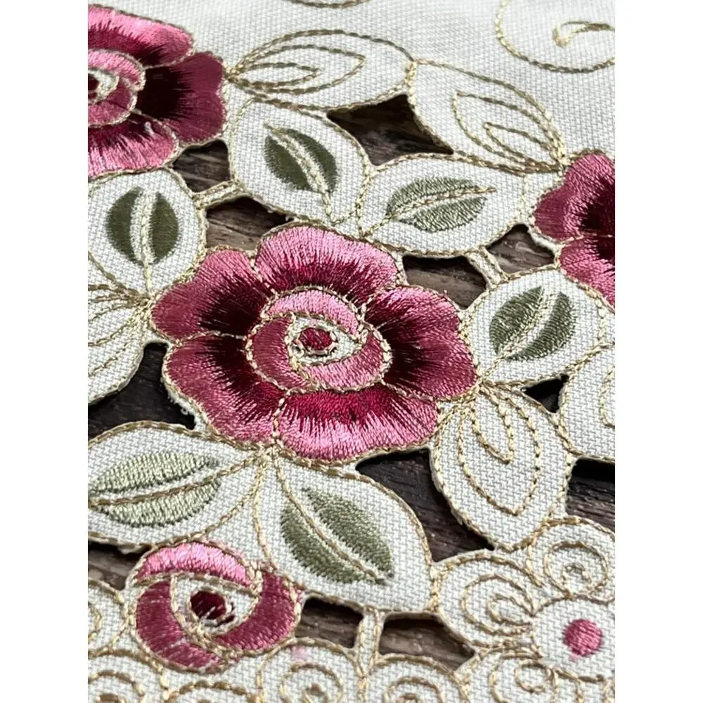 Embroidered Pink Rose Table Topper, Cutwork Floral Linen, Cottagecore